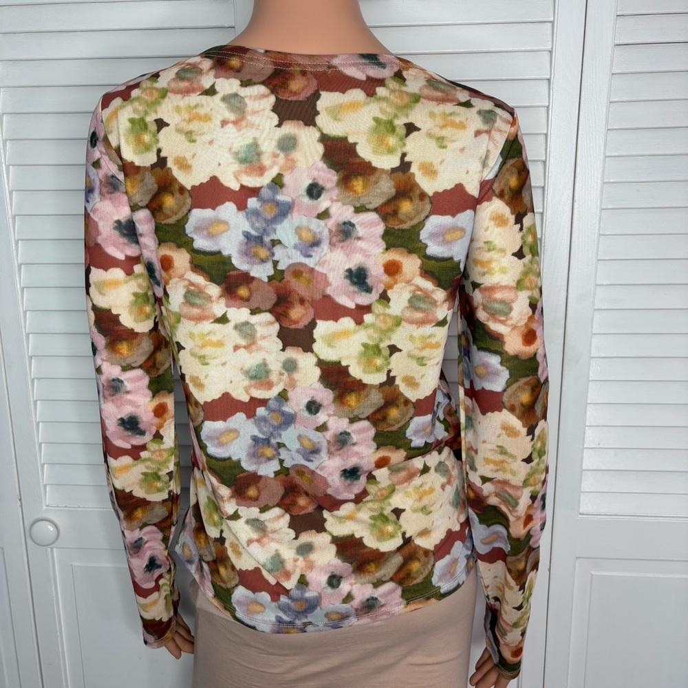 CHARLIE B Printed Ruched Mesh Top Size Large - Picture 6 of 6